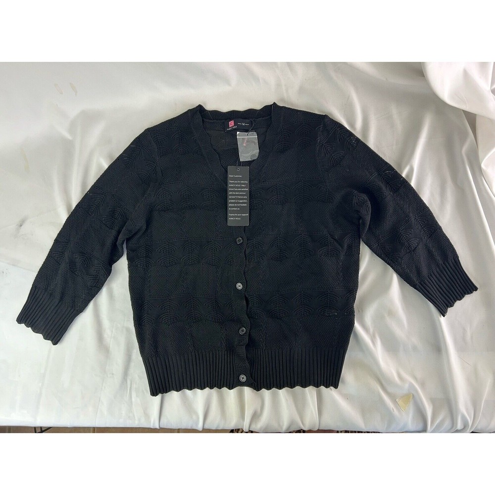 KANCY KOLE Womens LongSleeve Sweater Lightweight  Cable Knit Button Black M